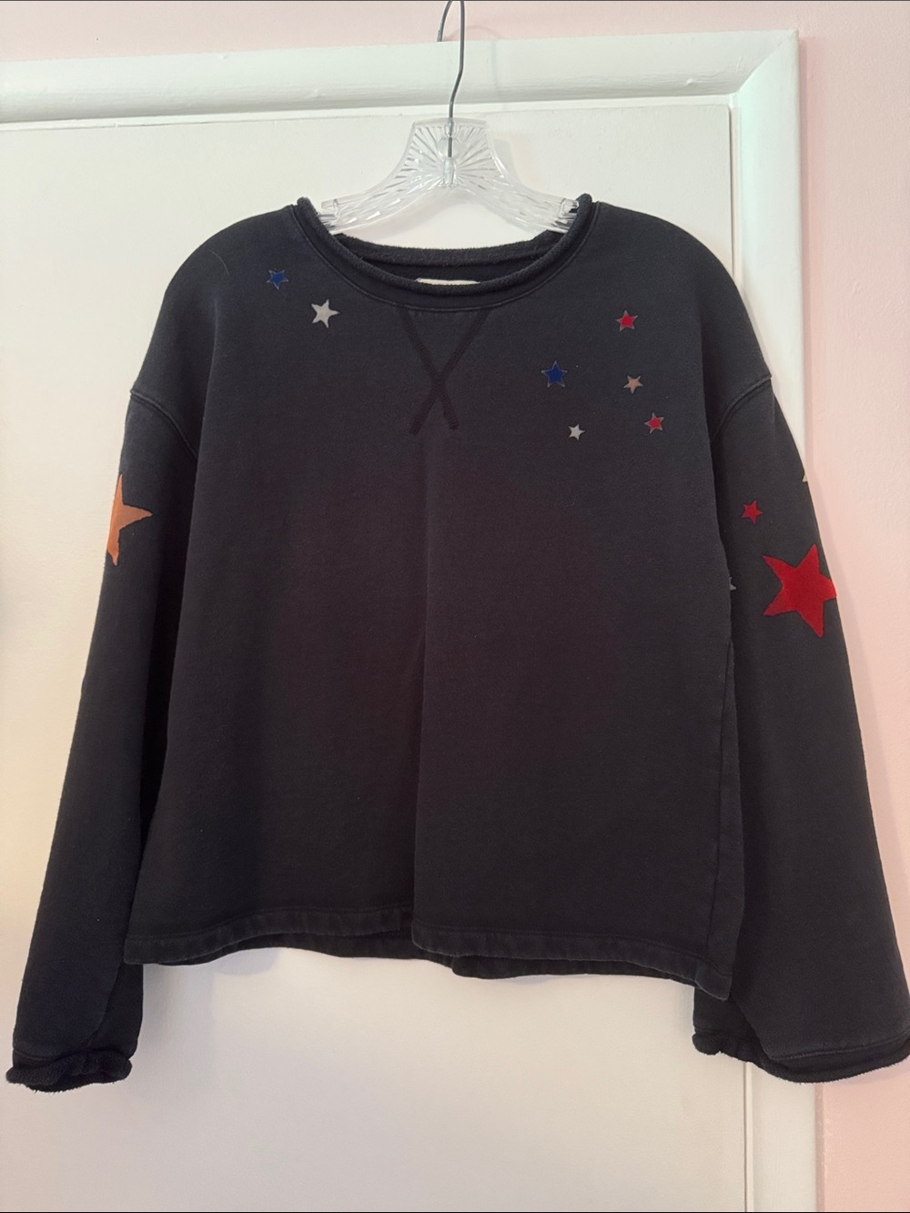 Madewell Black Crewneck Sweatshirt with Red, Orange & Blue Stars